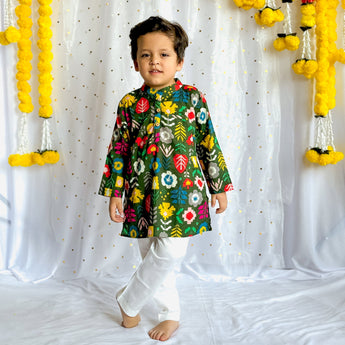 Comfortable Kurta Pajama set for Boys| Green Patola| Pure Cotton