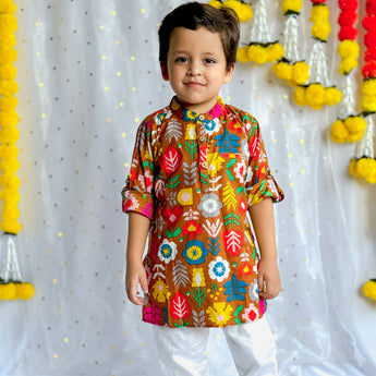 Festive Kurta Pajama Set for Boys| Mustard Patola| Pure Cotton