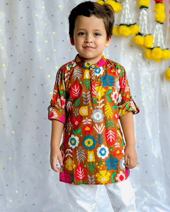 Festive Kurta Pajama Set for Boys| Mustard Patola| Pure Cotton
