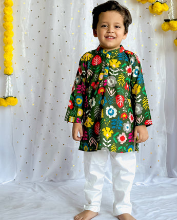 Comfortable Kurta Pajama set for Boys| Green Patola| Pure Cotton
