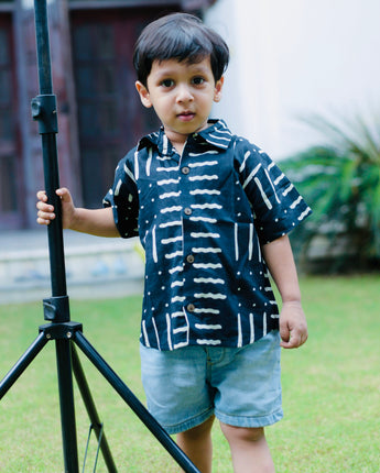 Cotton Kids Shirt Party Waves Black