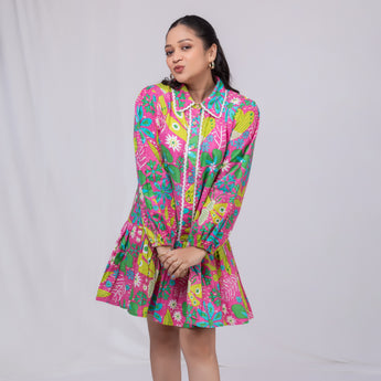 Positano Short Dress for Women| Neon Garden| Pure Cotton