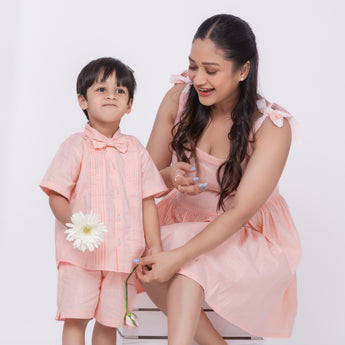 Luxe Matching Outfits for Mother and Son| Peach| Linen and Laces