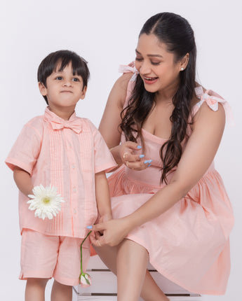 Luxe Matching Outfits for Mother and Son| Peach| Linen and Laces