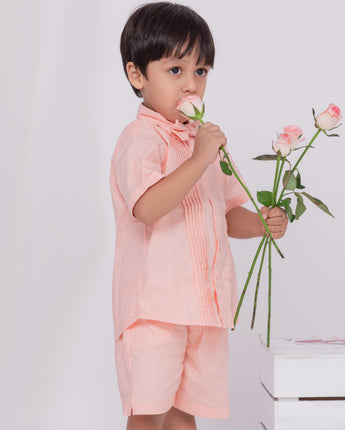 Blushing Peach Linen Co-Ords Set for Boys with Bow-Tie