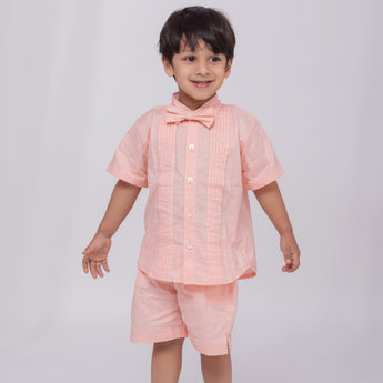 Blushing Peach Linen Co-Ords Set for Boys with Bow-Tie