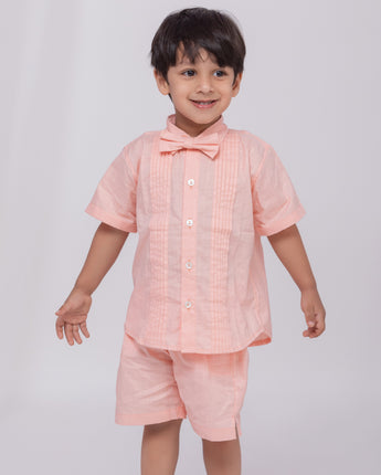Blushing Peach Linen Co-Ords Set for Boys with Bow-Tie
