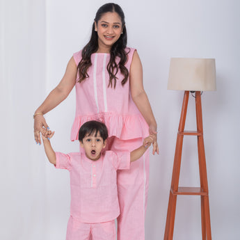 Stylish Twinning Outfits for Mother and Son| Rose Pink| Linen and Laces