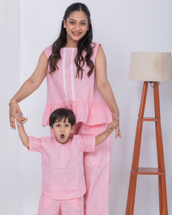 Stylish Twinning Outfits for Mother and Son| Rose Pink| Linen and Laces