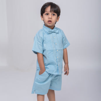 Tiffany Blue Linen Co-Ords Set for Boys with Bow-Tie