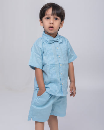 Tiffany Blue Linen Co-Ords Set for Boys with Bow-Tie