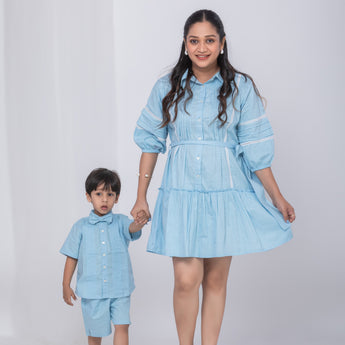 Tiffany Blue Linen Twinning Outfit for Mother and Son