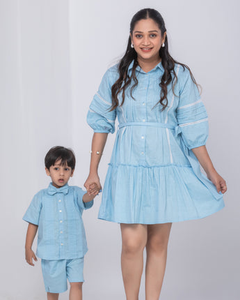 Tiffany Blue Linen Twinning Outfit for Mother and Son