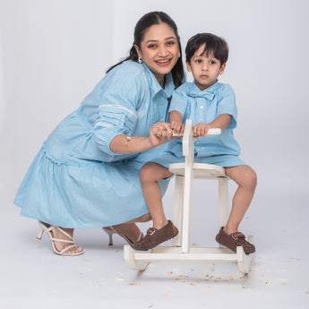 Tiffany Blue Linen Twinning Outfit for Mother and Son