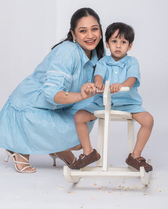 Tiffany Blue Linen Twinning Outfit for Mother and Son