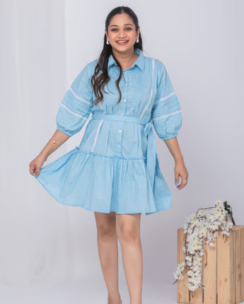 Tiffany Blue Short Dress for Women| Linen with Laces