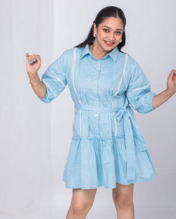 Tiffany Blue Short Dress for Women| Linen with Laces