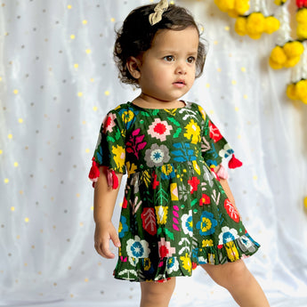 Cotton Festive Dress for Girls| Green Patola| Pure Cotton