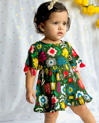 Cotton Festive Dress for Girls| Green Patola| Pure Cotton