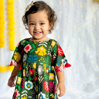 Cotton Festive Dress for Girls| Green Patola| Pure Cotton