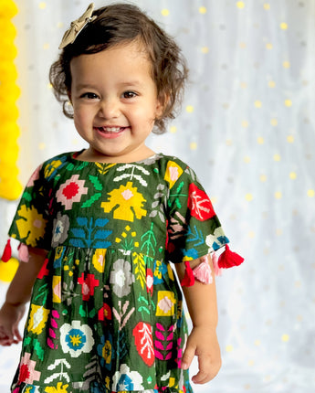 Cotton Festive Dress for Girls| Green Patola| Pure Cotton