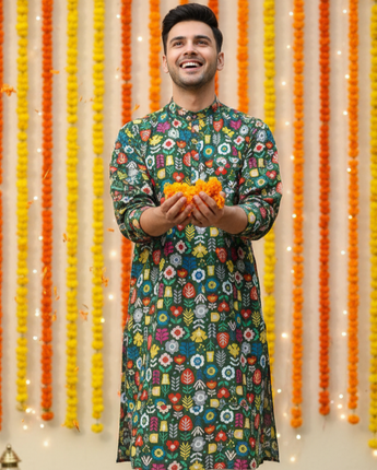 Designer Kurta Pajama Set for Men| Green Patola| Pure Cotton