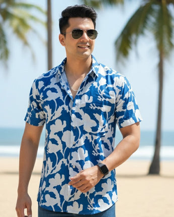 Cotton Men Shirt Flower Power Blue