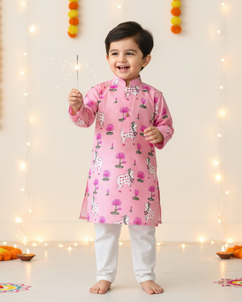 Pink Pichwai Kurta Pajama Set for Boys| Pure Cotton