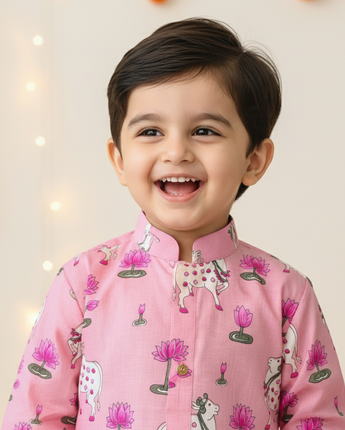 Pink Pichwai Kurta Pajama Set for Boys| Pure Cotton