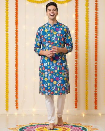 Festive Men's Full Kurta Pajama Set| Blue Patola| Pure Cotton
