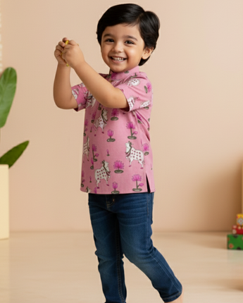 Pink Pichwai Kurta Shirt for Boys| Pure Cotton