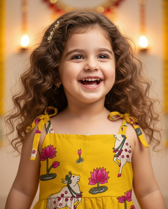 Yellow  Pichwai  Girls Dress | Pure Cotton