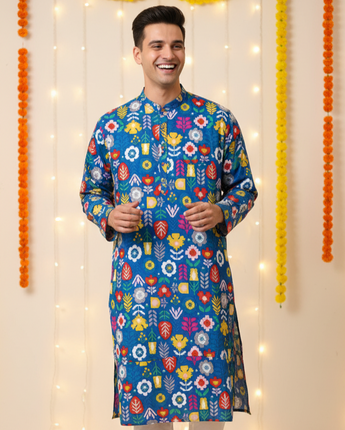 Festive Men's Full Kurta Pajama Set| Blue Patola| Pure Cotton