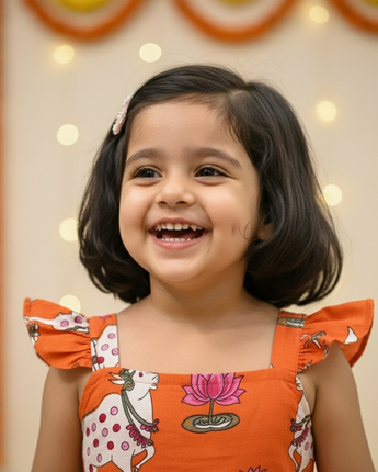 Orange  Pichwai  Girls Dress | Pure Cotton