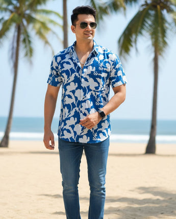Cotton Men Shirt Flower Power Blue