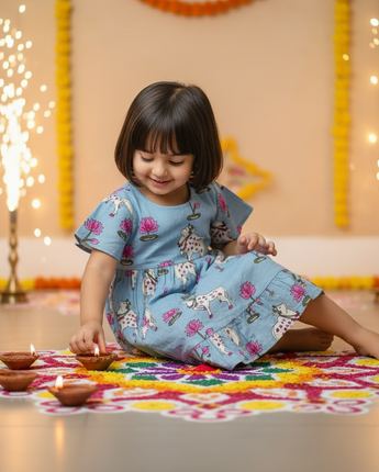 Blue Pichwai  Girls Dress | Pure Cotton