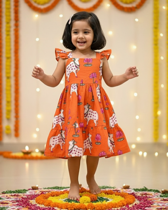 Orange  Pichwai  Girls Dress | Pure Cotton