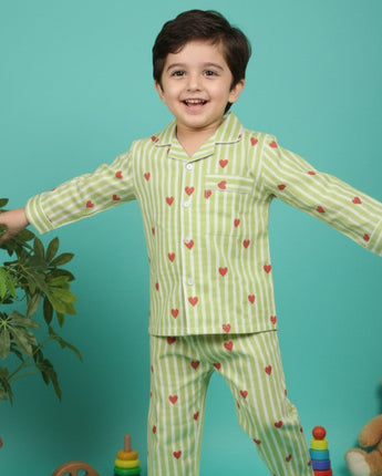 Green Hearts | Kids Night suit Set |Pure Cotton
