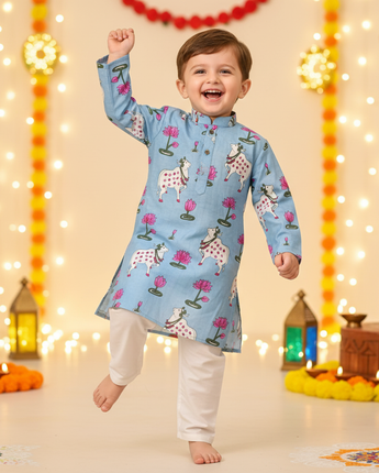 Blue Pichwai Kurta Pajama Set for Boys| Pure Cotton