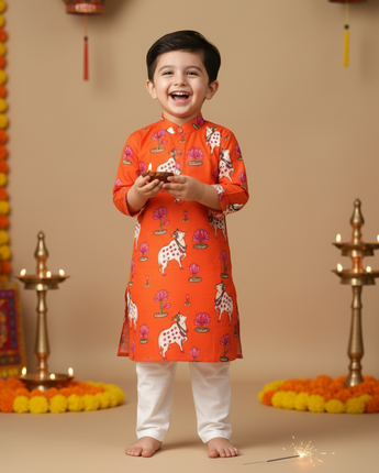 Orange Pichwai Kurta Pajama Set for Boys| Pure Cotton