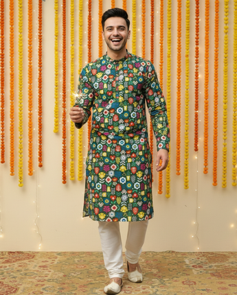 Designer Kurta Pajama Set for Men| Green Patola| Pure Cotton