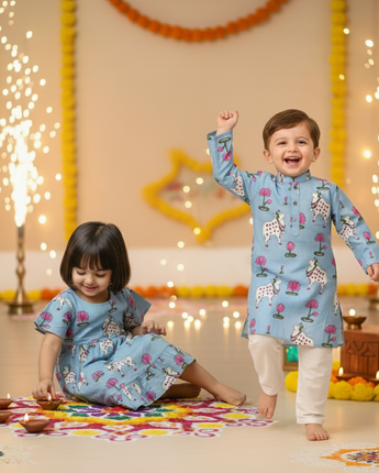 Blue  Pichwai Sibling Twinning Outfits| Pure Cotton