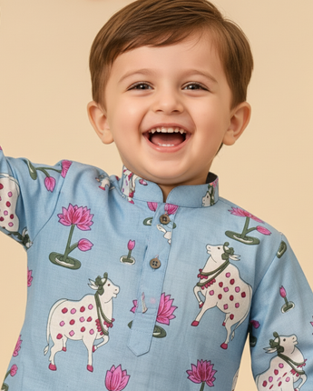 Blue Pichwai Kurta Pajama Set for Boys| Pure Cotton
