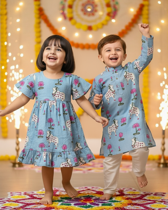 Blue  Pichwai Sibling Twinning Outfits| Pure Cotton