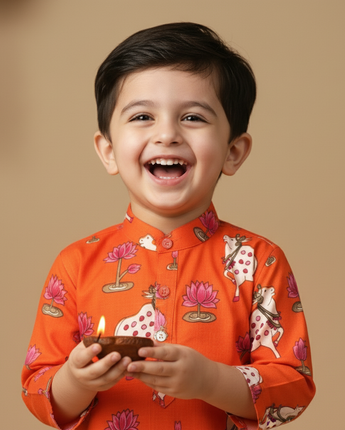 Orange Pichwai Kurta Pajama Set for Boys| Pure Cotton