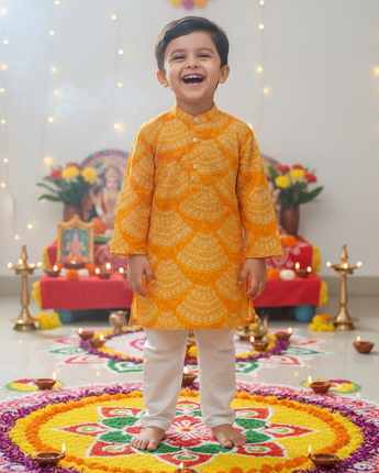 Yellow Bandhani Kurta Pajama Set for Boys| Pure Cotton