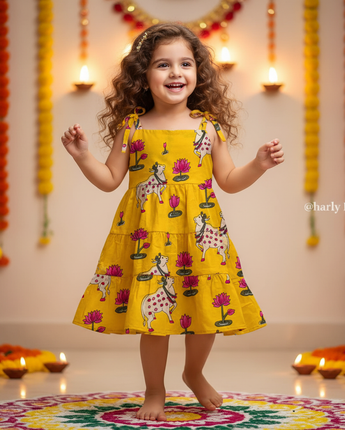 Yellow  Pichwai  Girls Dress | Pure Cotton