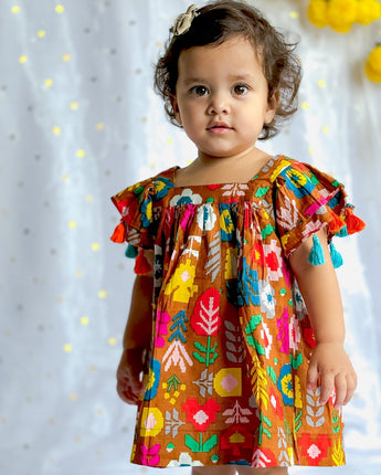 Designer Festive Dress for Girls| Mustard Patola| Pure Cotton