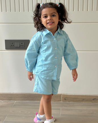 Shaivya Co-Ords Set for Girls| Linen with laces| Blue