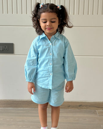Shaivya Co-Ords Set for Girls| Linen with laces| Blue
